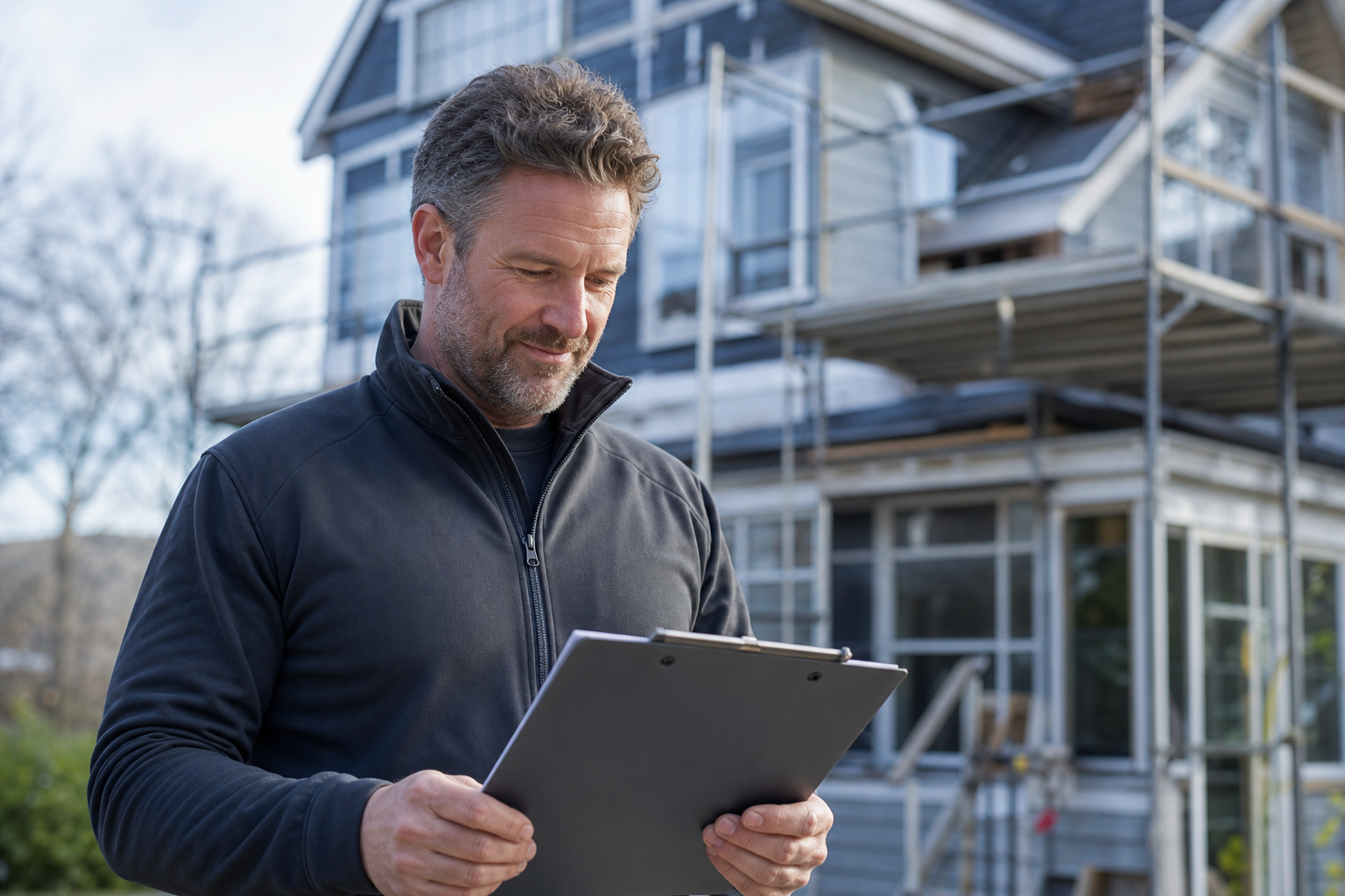 Thomas Bacis reviewing plans at a Western Massachusetts remodeling jobsite
